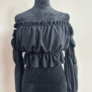 PrettyLittleThing Black Ruffled Off-Shoulder Blouse